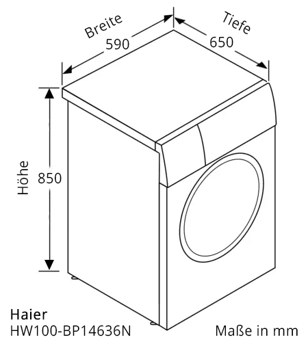 Abmessungen Haier HW100-BP14636N. Hoehe: 850mm, Breite: 590 mm, Tiefe: 650 mm
