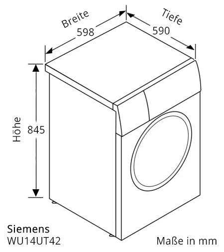 Abmessungen-Siemens-WU14UT42. Hoehe: 845 mm, Breite: 598 mm, Tiefe: 590 mm